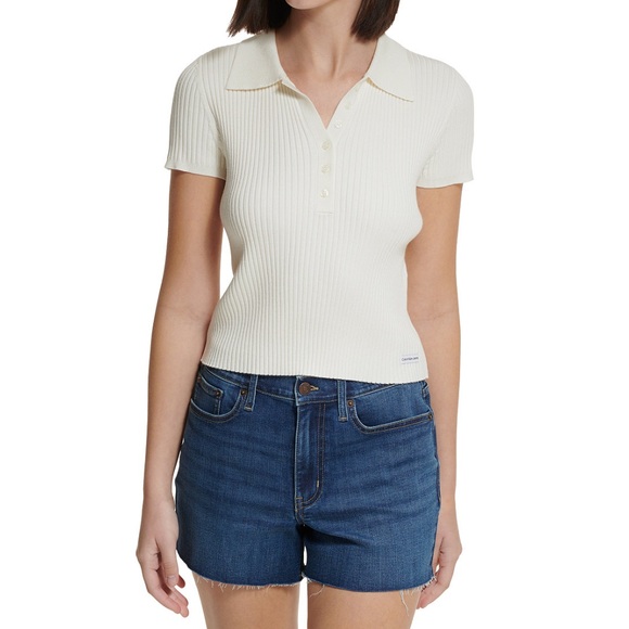 Calvin Klein Jeans Cream Ribbed Cap-Sleeve Polo Shirt - Picture 7 of 8